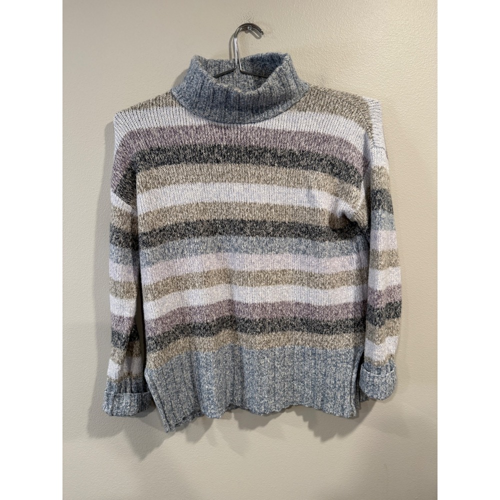 Eddie Bauer Womens Striped Turtleneck‎ Sweater Blue Grey Marled Knit Small